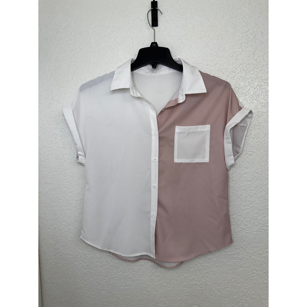 Womens Color Block Short‎ Sleeve Button Down Shirt Size M